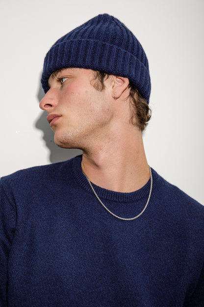 Fisherman Ribbed Cashmere Beanie - Navy