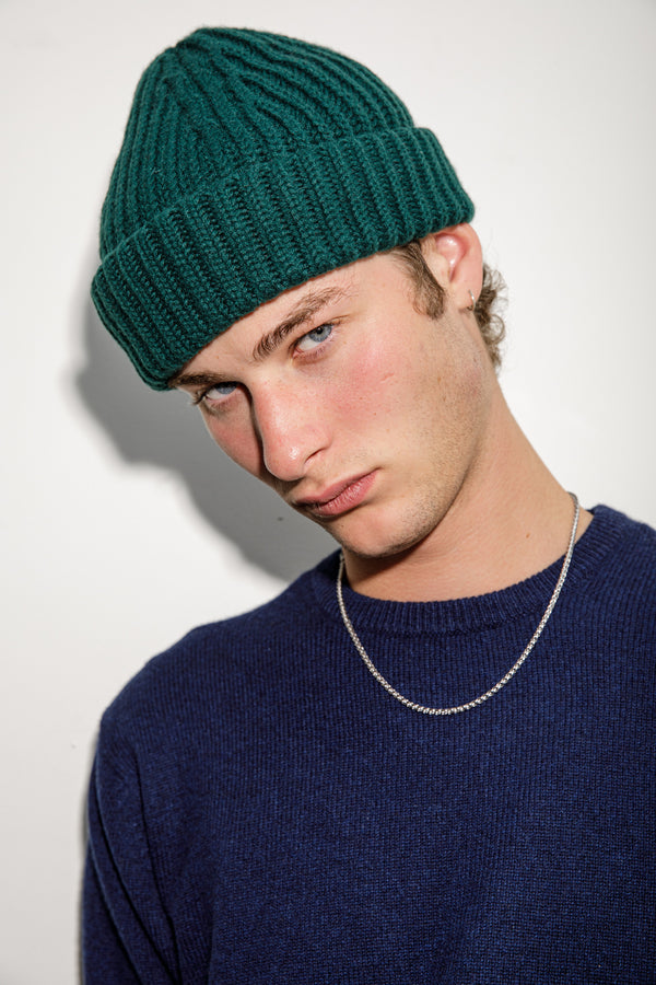 Fisherman Ribbed Cashmere Beanie - Forest Green