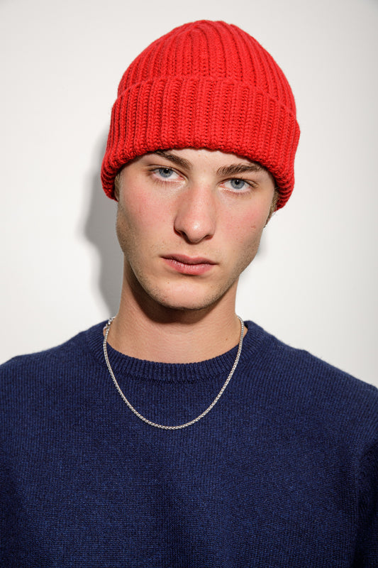 Fisherman Ribbed Cashmere Beanie - Red