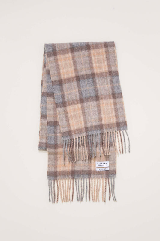 Kiltane Made In Scotland Heritage Cashmere Scarf in Mackellar Natural, folded flat showing plaid pattern and fringed ends