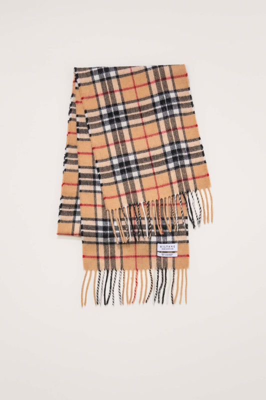 Kiltane Made In Scotland Scotty Thompson Cashmere Scarf in Camel, folded flat showing classic tartan plaid and fringed ends