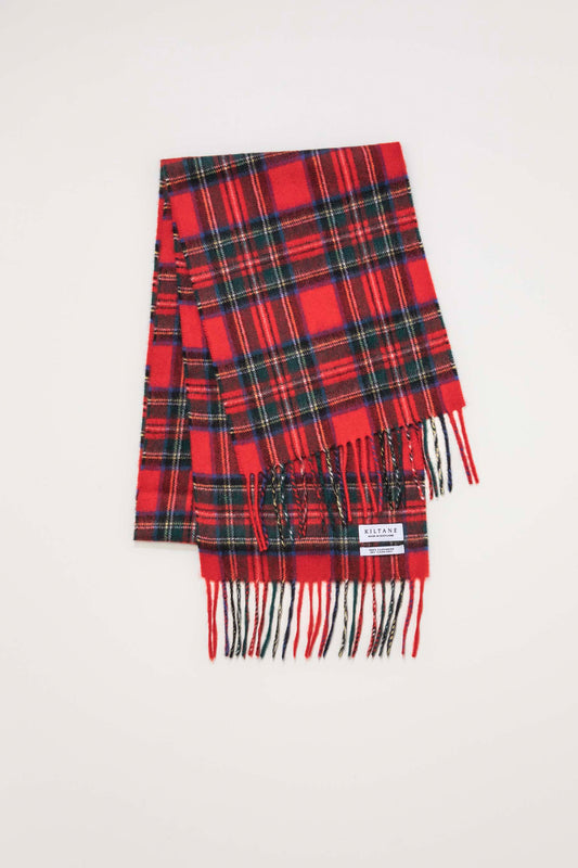 Kiltane Made In Scotland Heritage Cashmere Scarf in Royal Stewart tartan, folded flat showing multicolour fringe detail