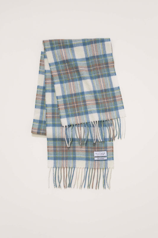Kiltane Heritage Cashmere Scarf in Muted Blue Stewart tartan, folded flat showing full plaid pattern and fringed ends