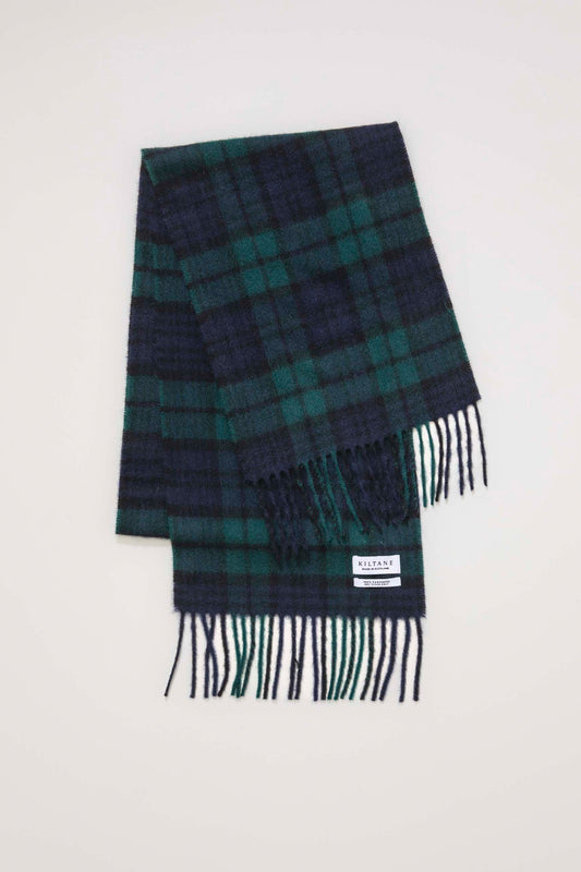 Kiltane Made In Scotland Heritage Cashmere Scarf in Blackwatch tartan, folded flat showing green and navy plaid pattern with fringed ends