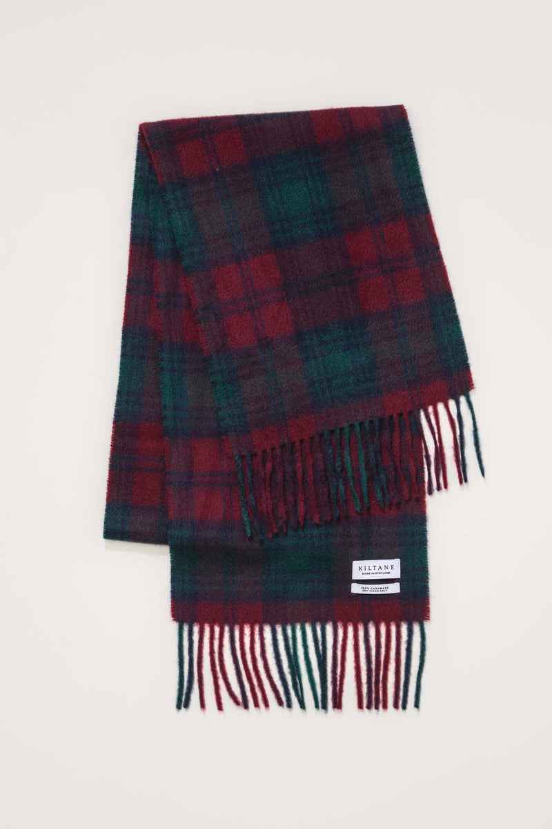 Kiltane Made in Scotland Heritage Cashmere Scarf in Lindsay tartan, folded to show red and green plaid pattern with fringed ends