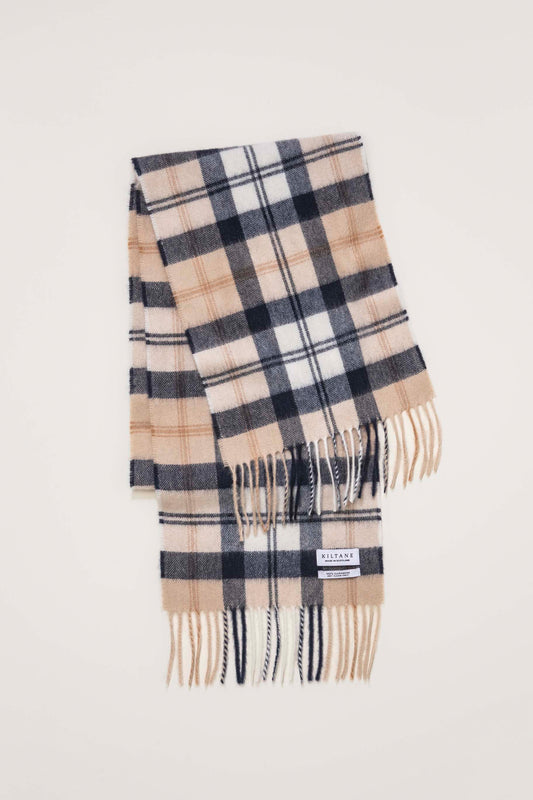 Made In Scotland Contemporary Cashmere Scarf in Navy Camel folded flat showing full check pattern and fringed ends with Kiltane label