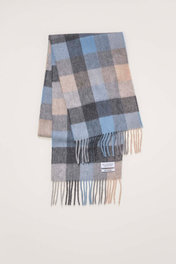 Kiltane Made in Scotland 5 Square Cashmere Scarf in Fresco folded flat showing blue, grey, and beige check pattern with fringed ends