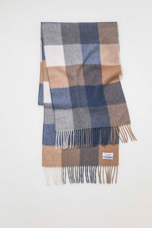 Sandwood Armada cashmere scarf folded flat showing blue, grey, camel, and cream check pattern with fringed ends and Kiltane label