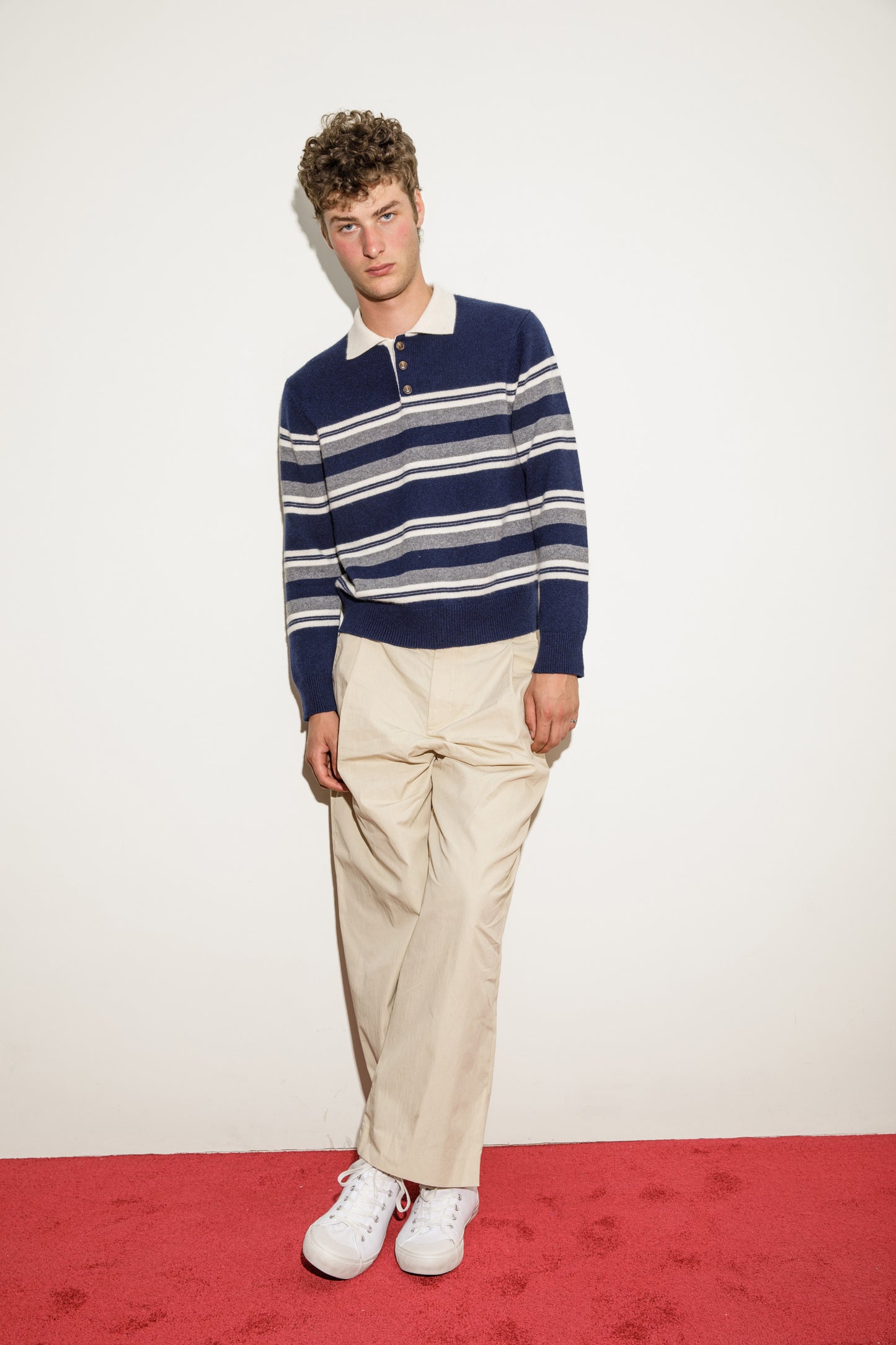 Unisex Stripe Cashmere Polo Shirt - Navy