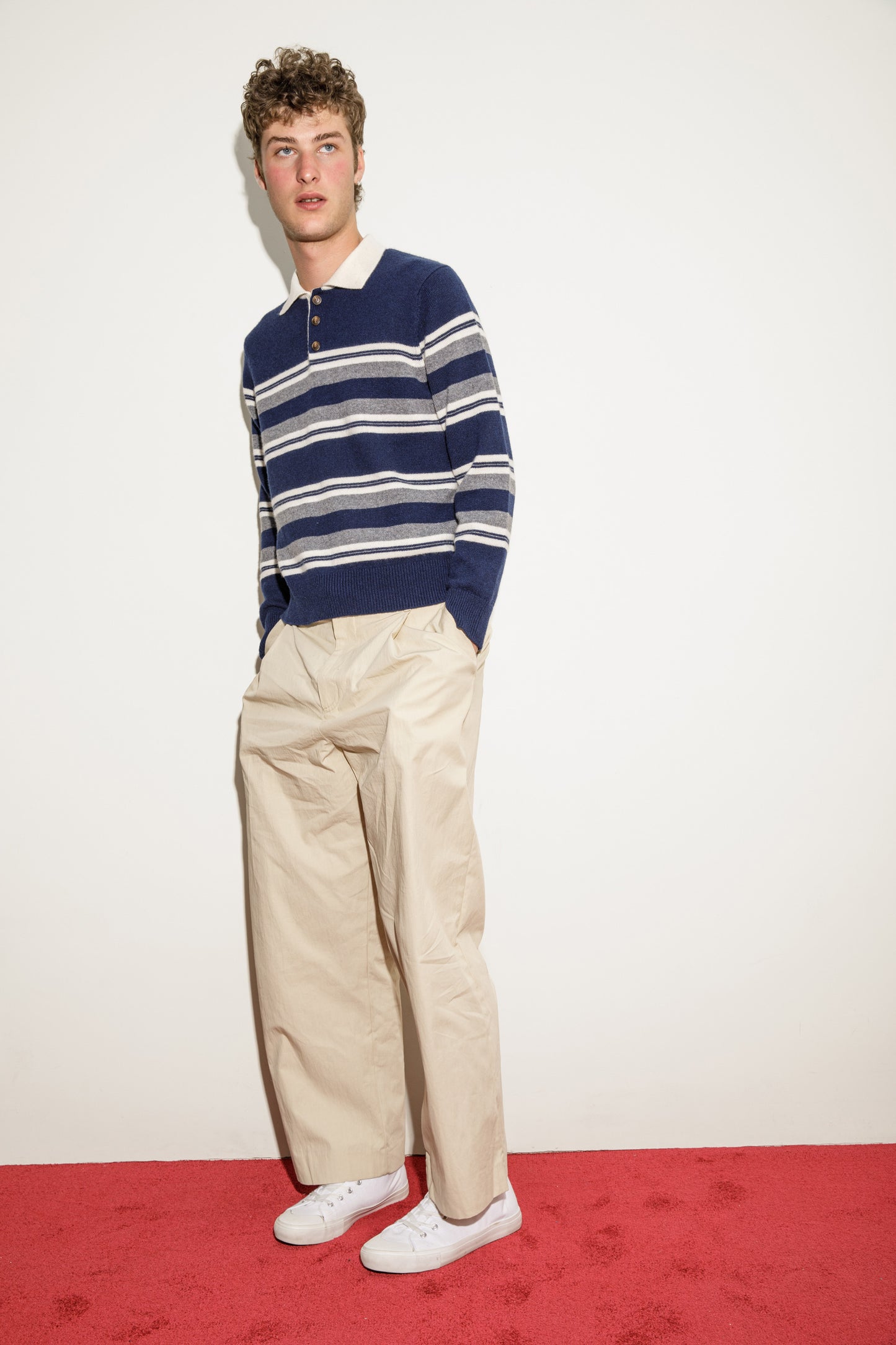 Unisex Stripe Cashmere Polo Shirt - Navy