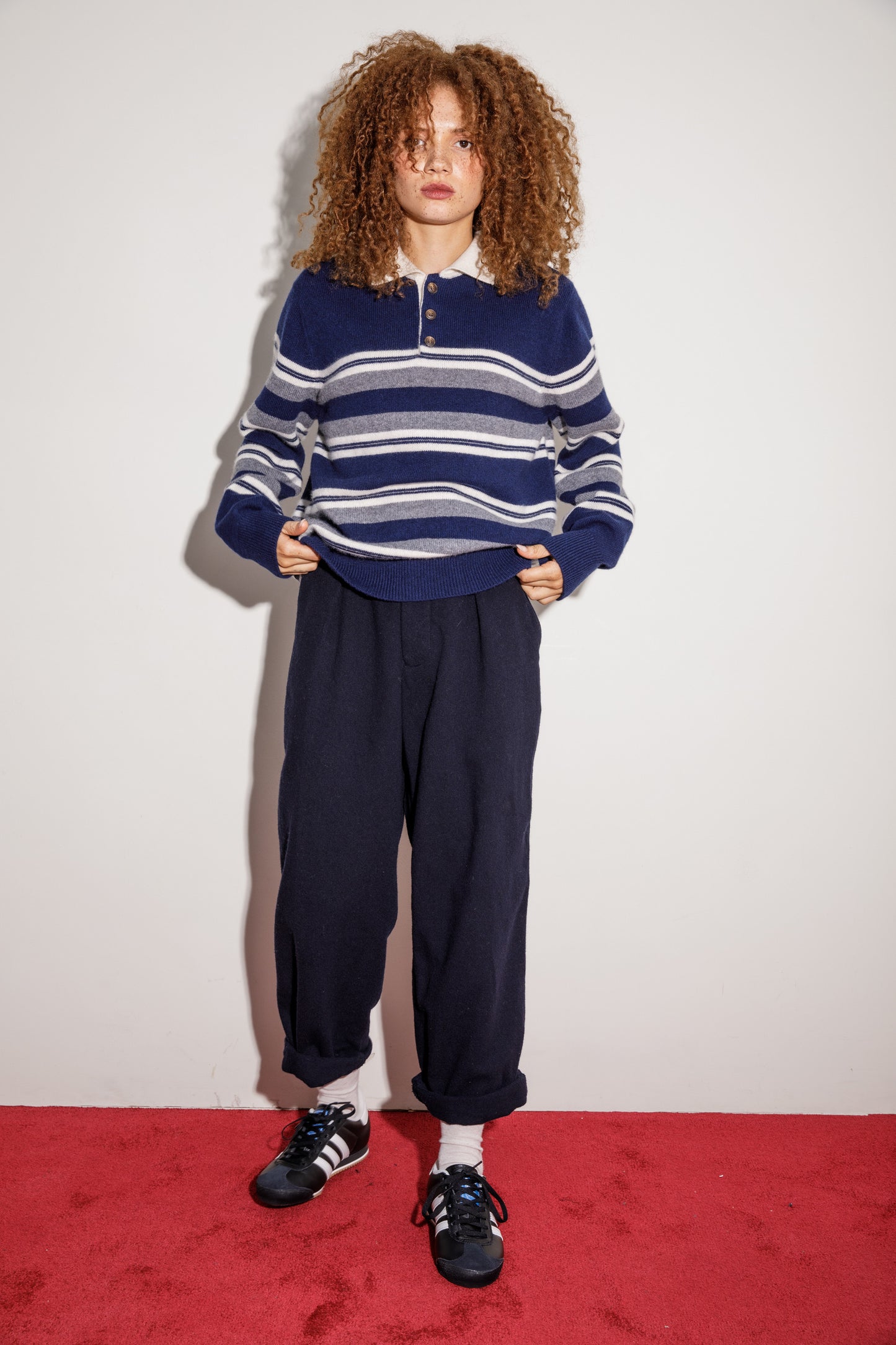 Unisex Stripe Cashmere Polo Shirt - Navy