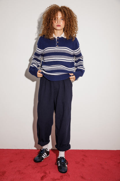 Unisex Stripe Cashmere Polo Shirt - Navy