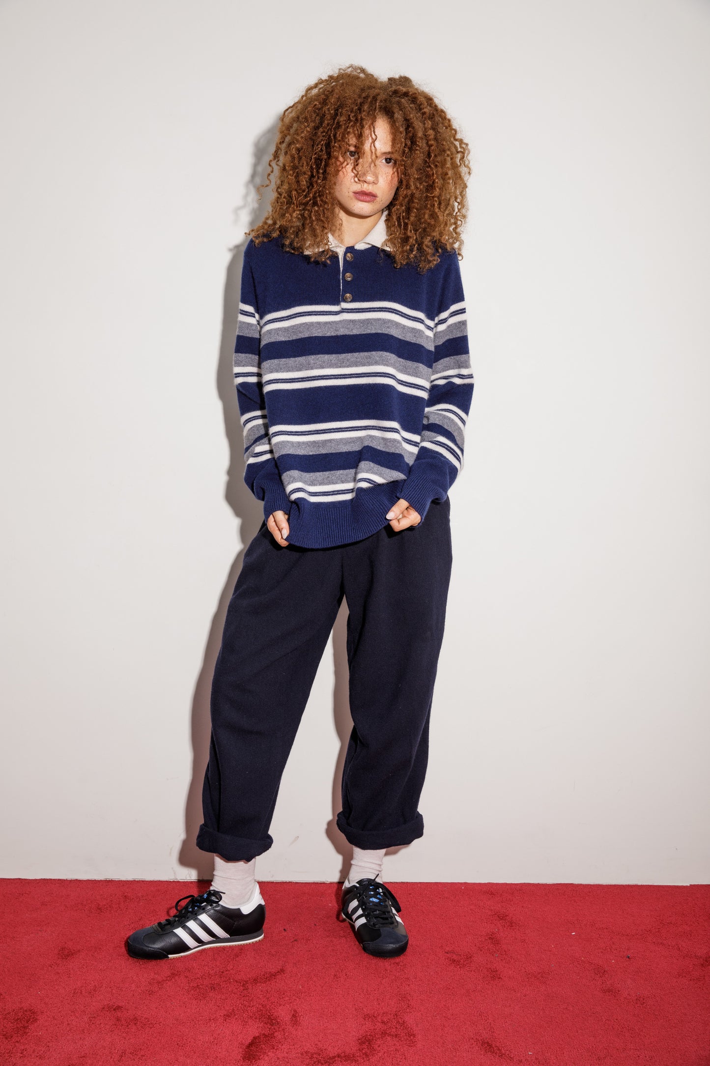 Unisex Stripe Cashmere Polo Shirt - Navy