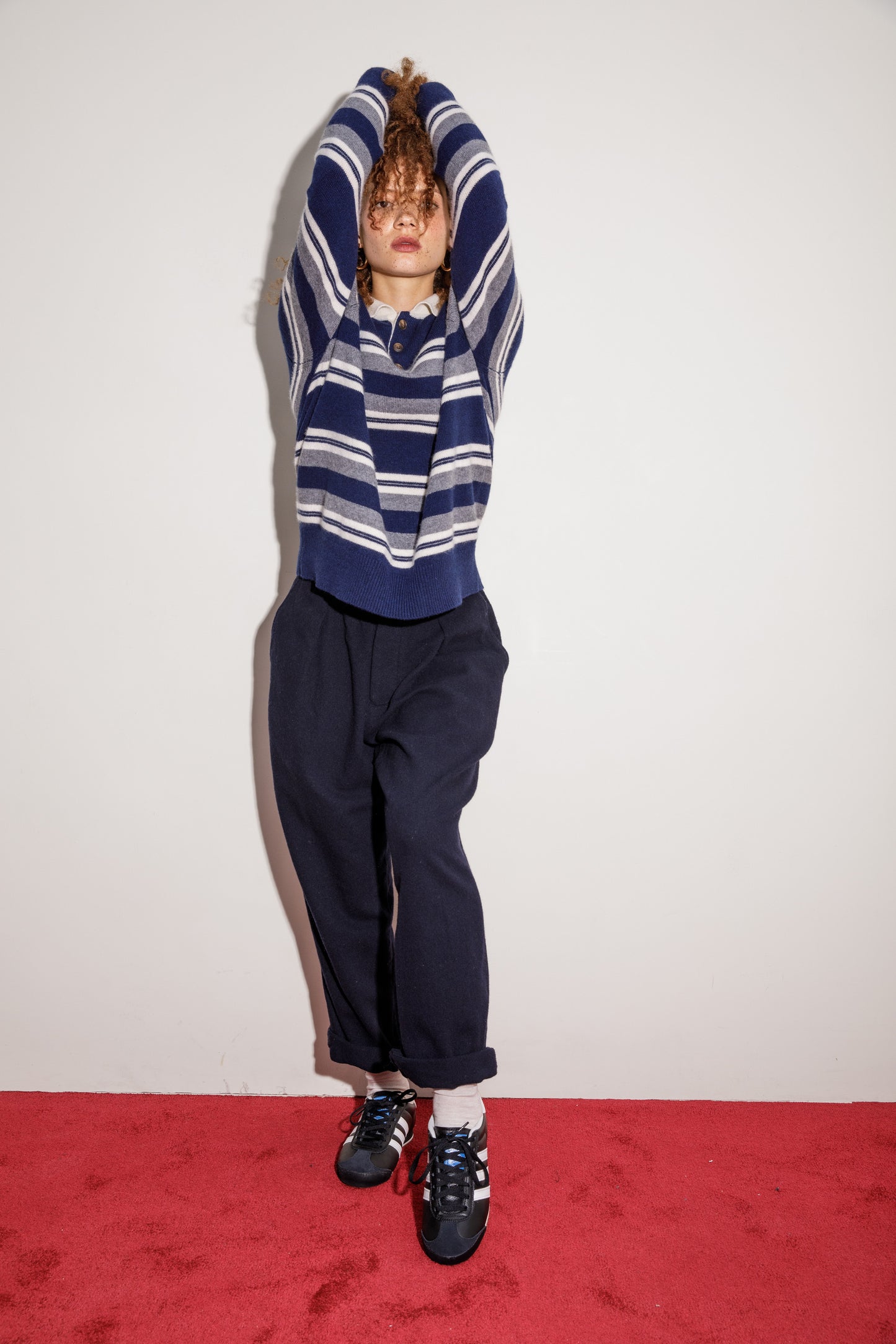 Unisex Stripe Cashmere Polo Shirt - Navy