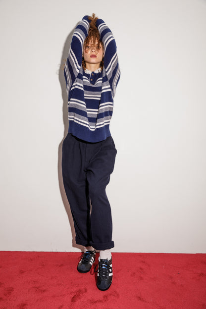 Unisex Stripe Cashmere Polo Shirt - Navy