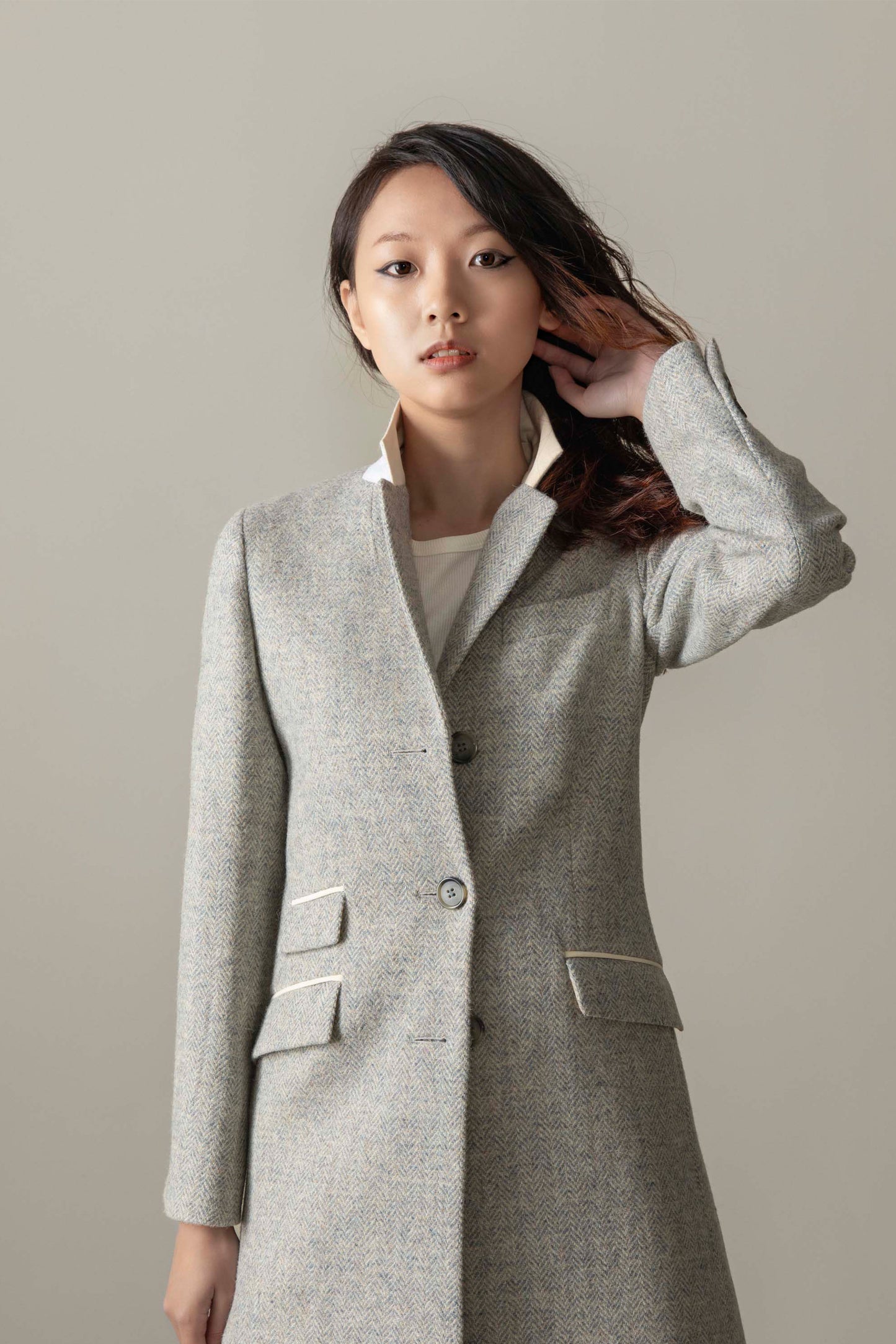 Women's Harris Tweed Tori Coat - Pale Blue Beige Mix