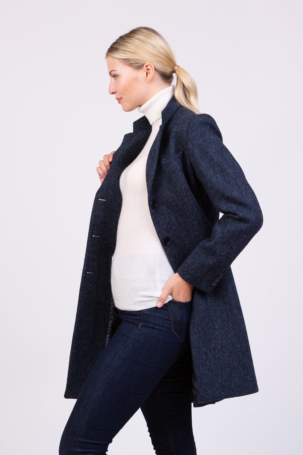 Tori Coat Dark Navy Blue Herringbone