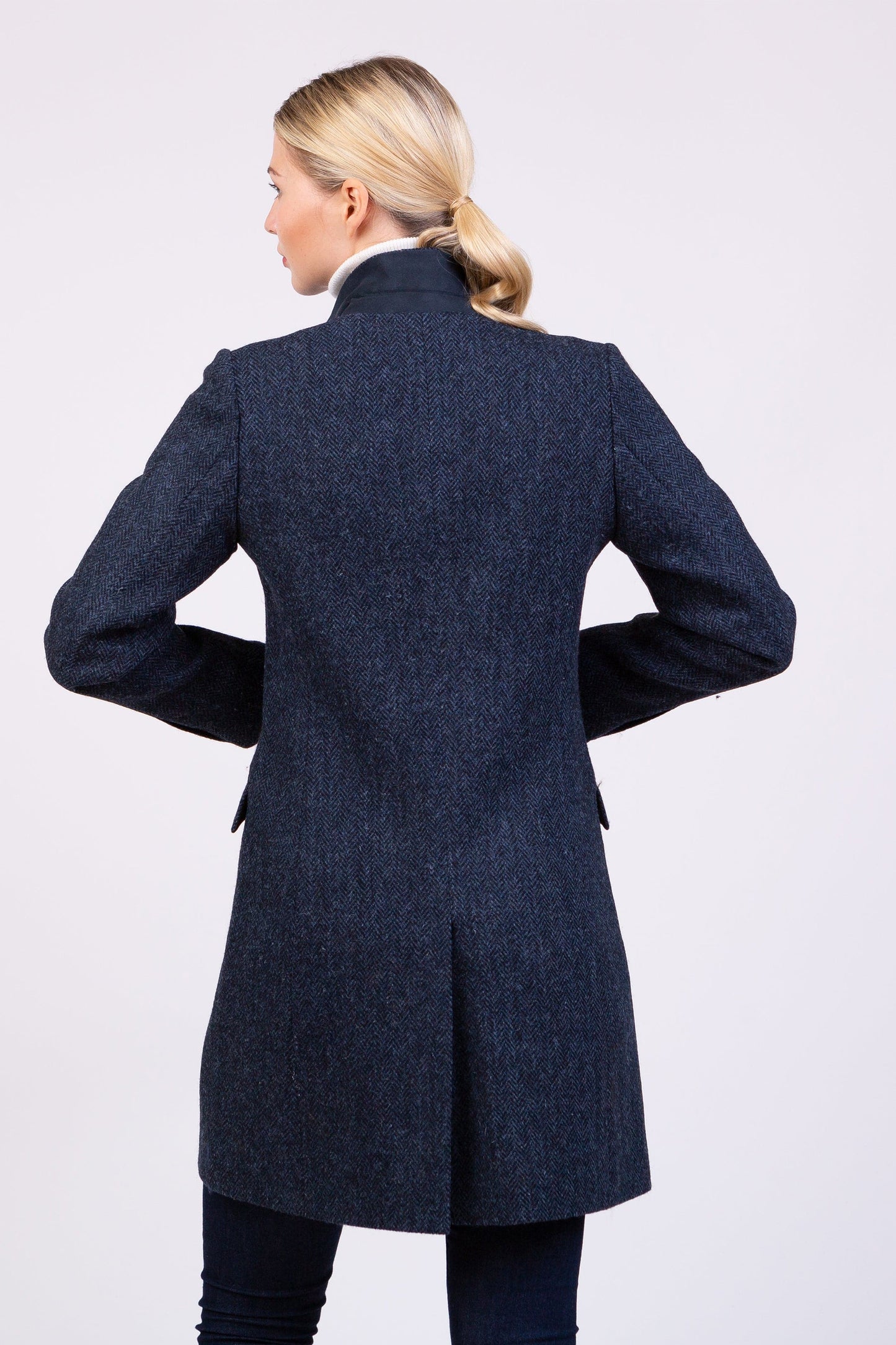 Women's Harris Tweed Tori Coat - Dark Navy Blue Herringbone