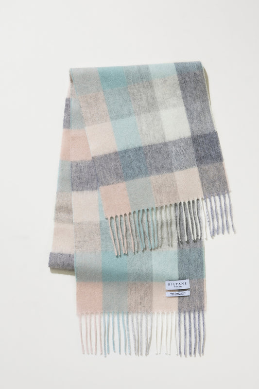 5 Square Check Lambswool Scarf in Brume folded to show pastel pink, mint, grey, and cream check pattern with fringed ends