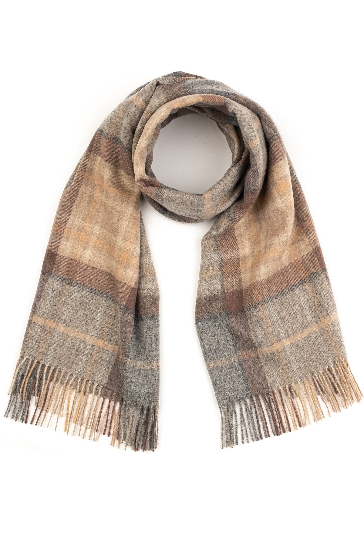 Heritage Tartan Lambswool Stole in Mackellar Natural, looped at centre showing full plaid pattern in grey, tan, and brown with fringed ends