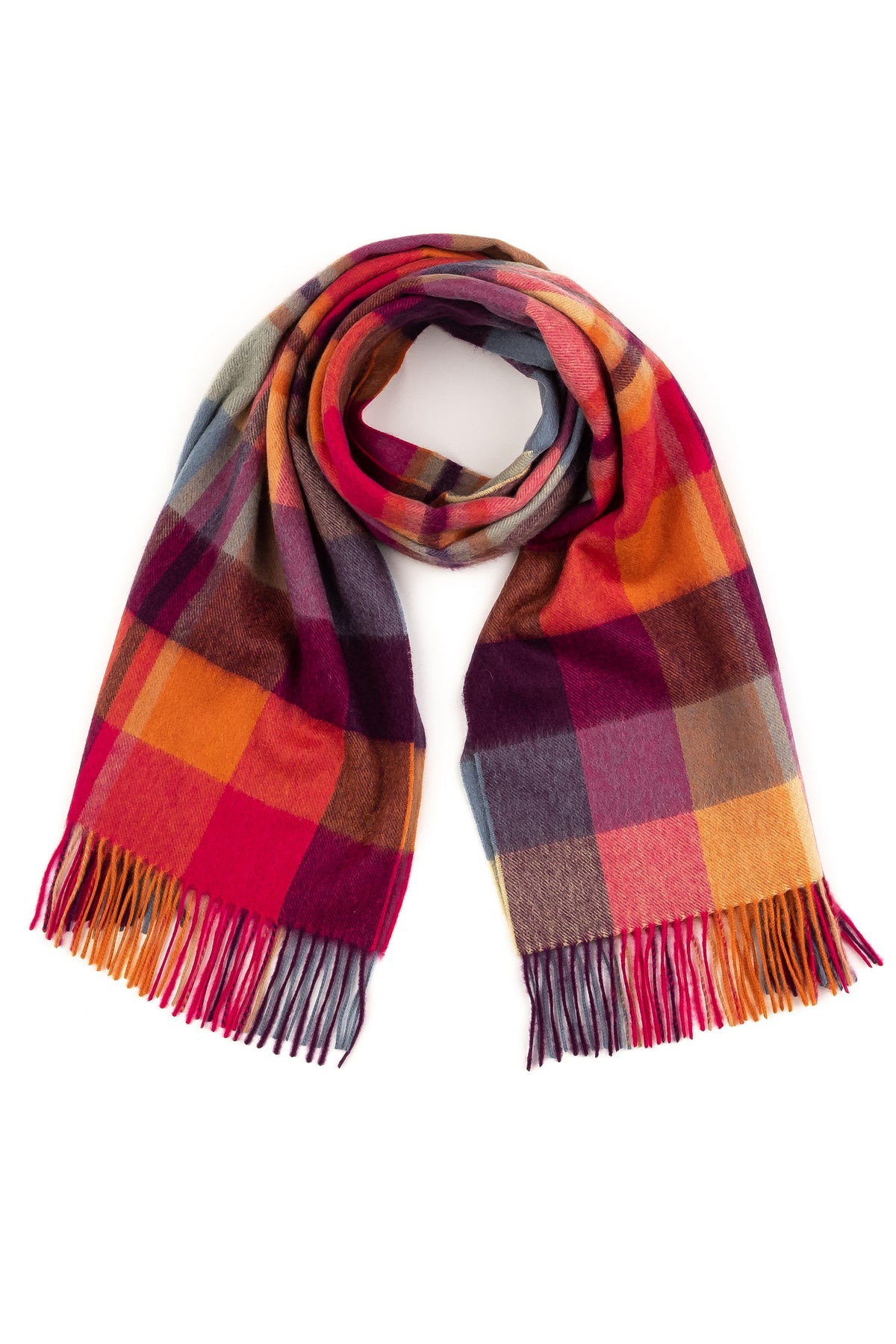 Square Check Lambswool Stole in Orient Ginger, looped flat lay showing bold plaid pattern with multicoloured fringe detail