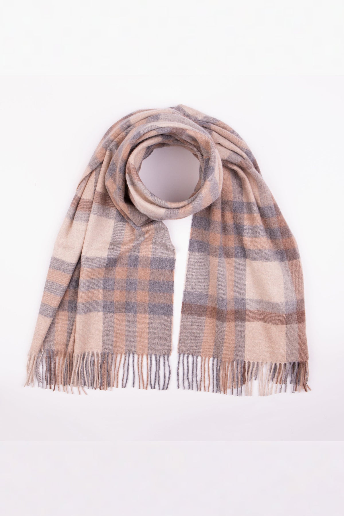 Tartan 2 Lambswool Stole in Natural looped at the neck, showing full plaid pattern in beige, grey, and soft pink with fringed ends