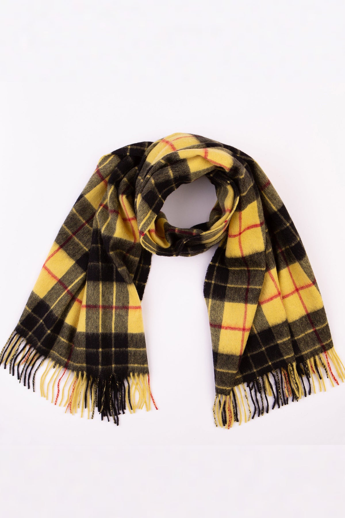 Heritage Tartan Lambswool Stole in Macleod tartan looped at centre, showing yellow and black plaid pattern with red accent lines and fringed ends