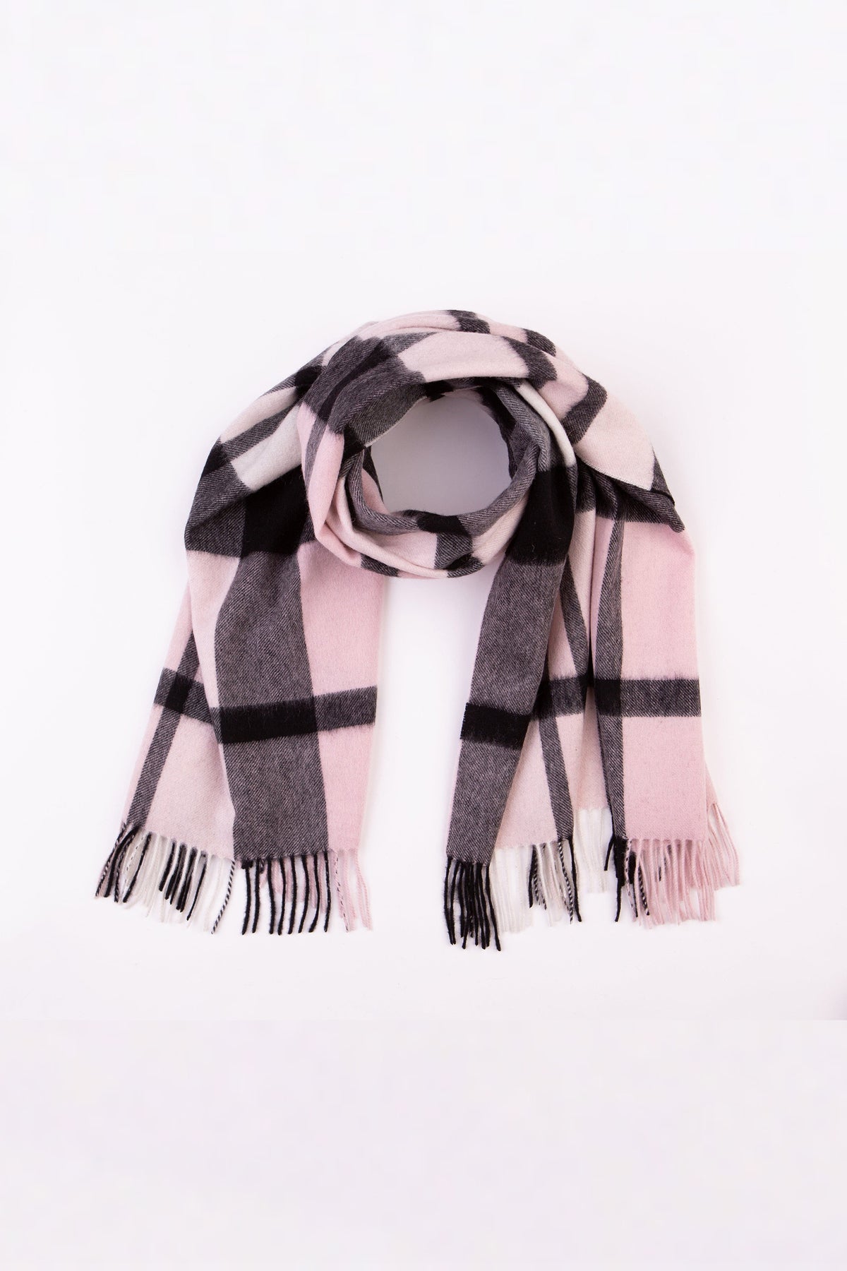 Contemporary Exploded Thompson Lambswool Stole in Baby Pink, looped and draped to show the plaid pattern and fringed ends