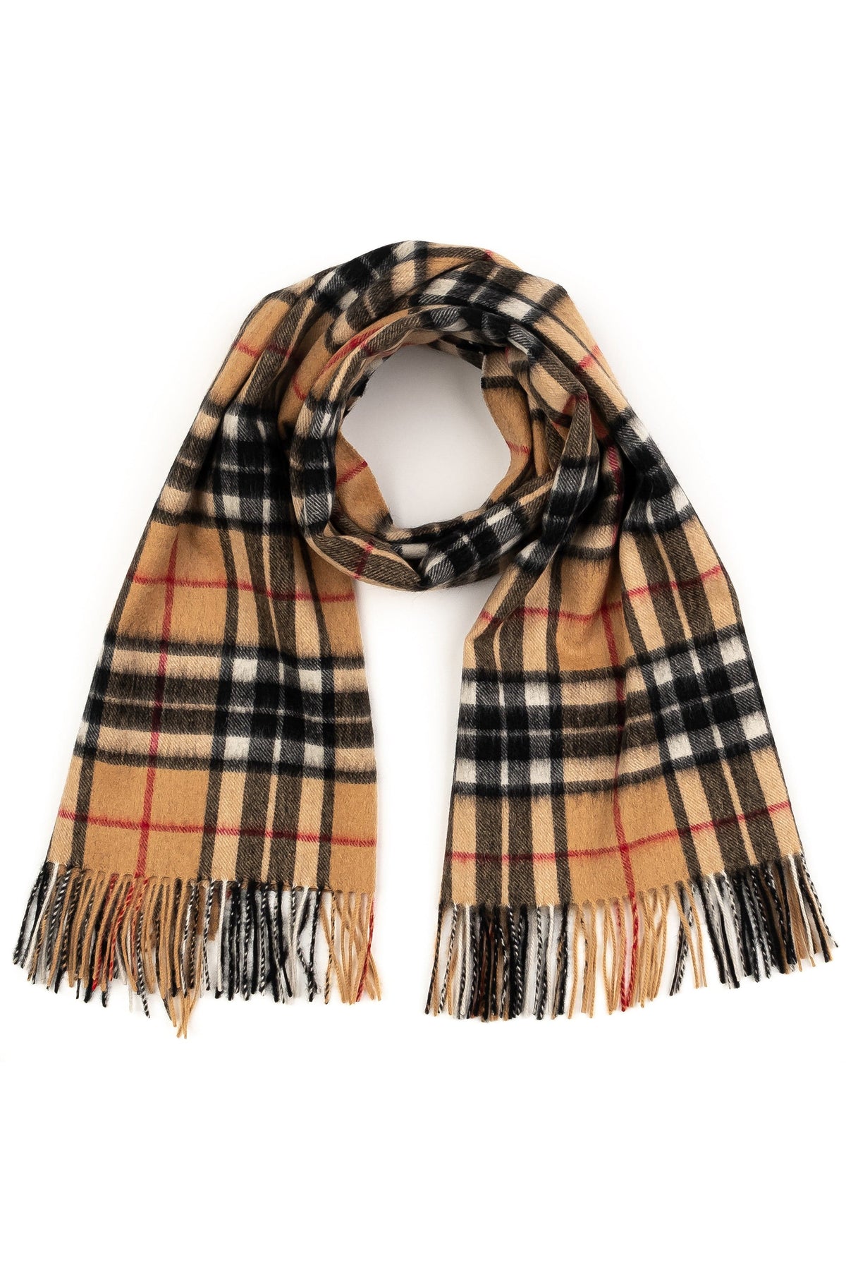 Scotty Thompson Lambswool Stole in Camel loosely rolled at the neck showing the full tartan check pattern and fringed ends