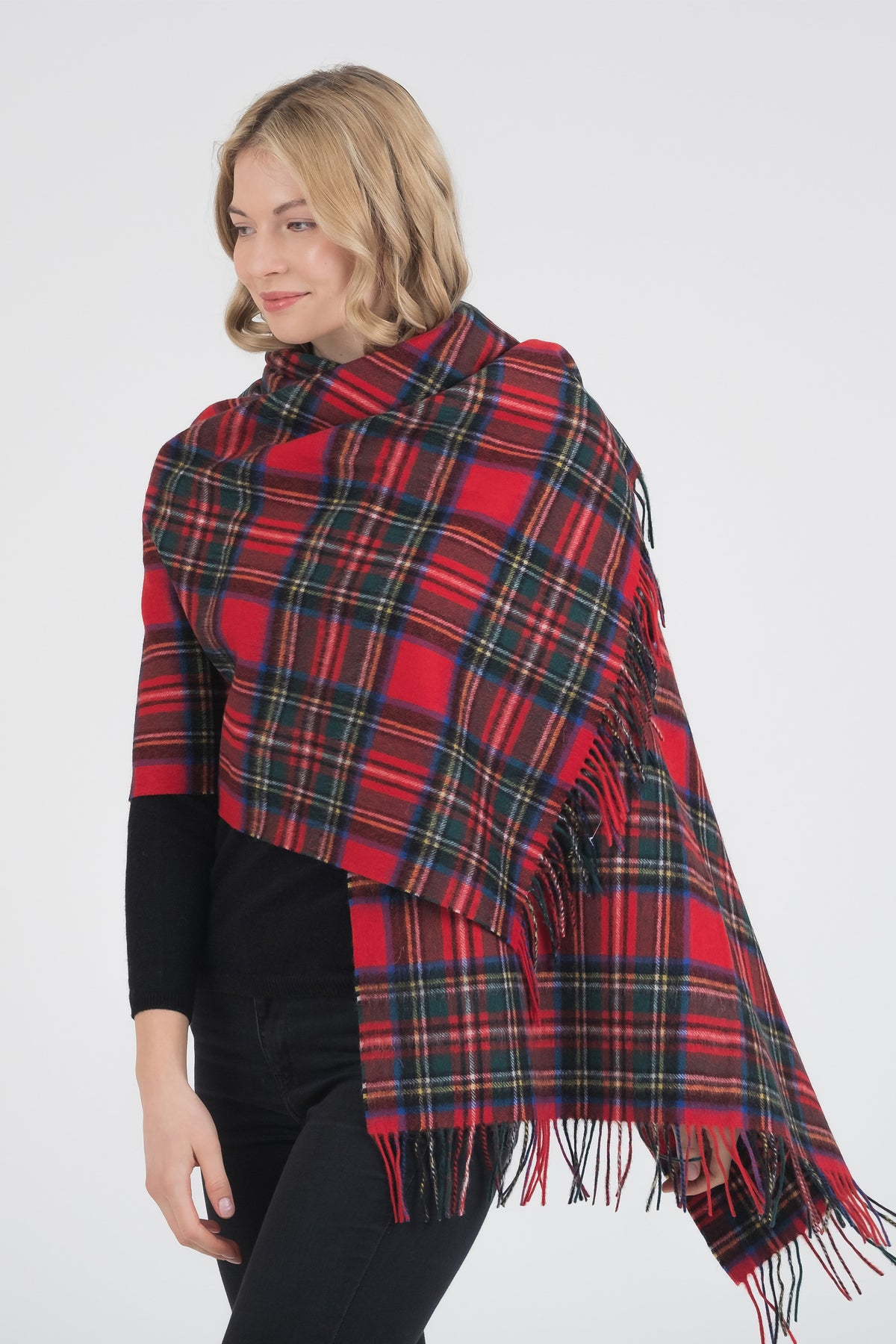 Heritage Tartan Lambswool Stole in Official Royal Stewart pattern, red plaid with green, blue, and yellow accents, fringed edges