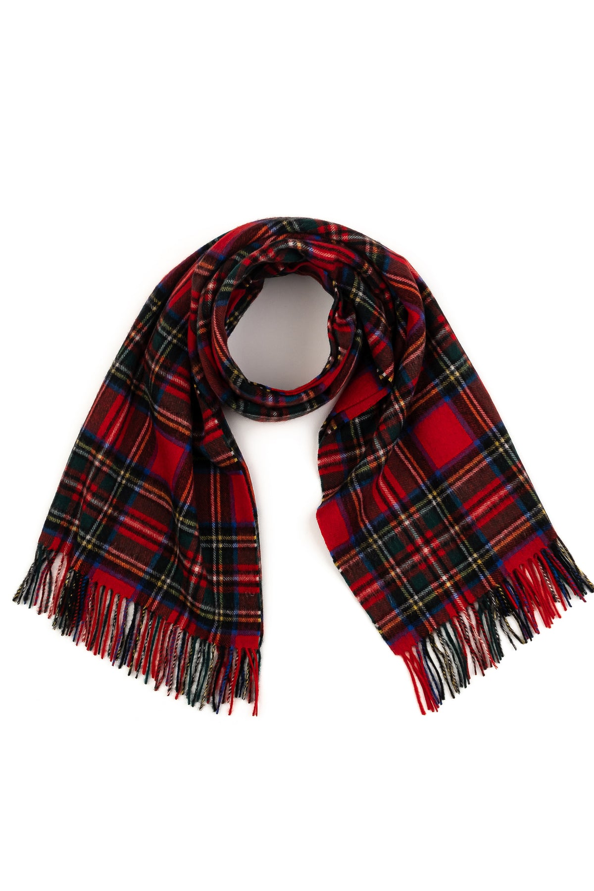 Heritage Tartan Lambswool Stole in Royal Stewart draped and looped to show the red plaid pattern and fringed ends