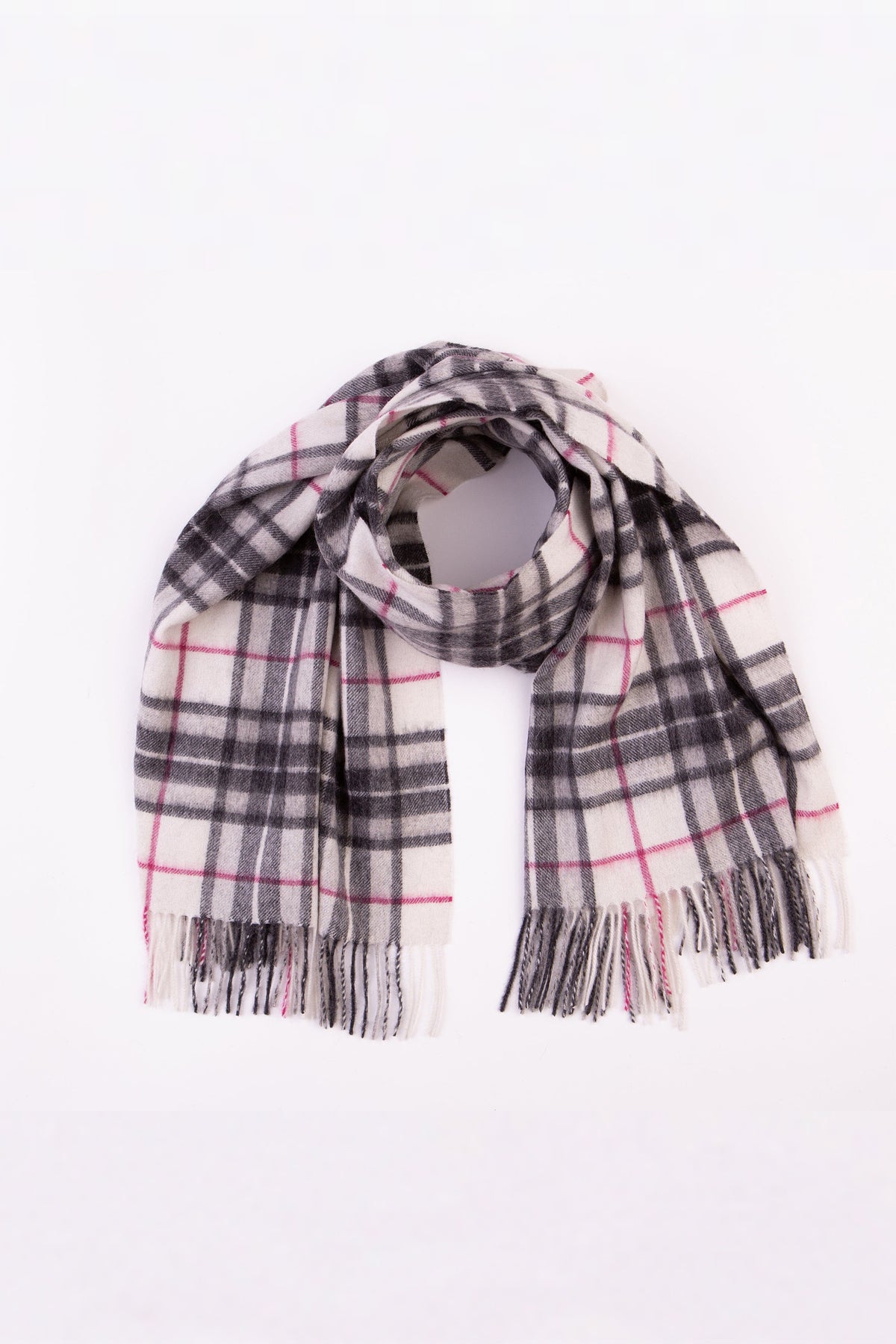 Scotty Thompson Lambswool Stole in White, loosely looped to show the charcoal and pink plaid pattern with fringed ends