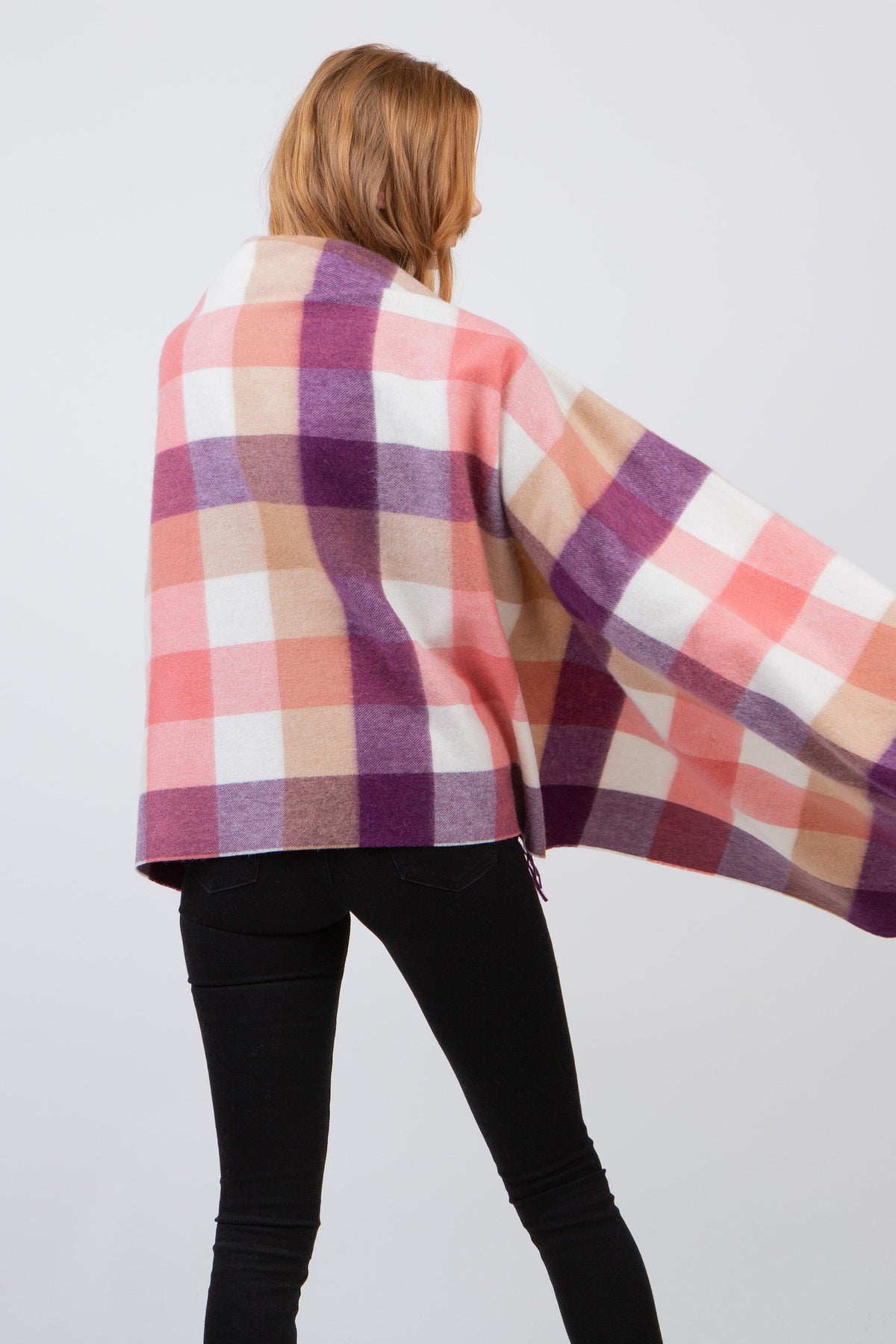 Back view of 5 Square Check Lambswool Stole - Eminence draped across shoulders, showing pink, purple, and cream check pattern