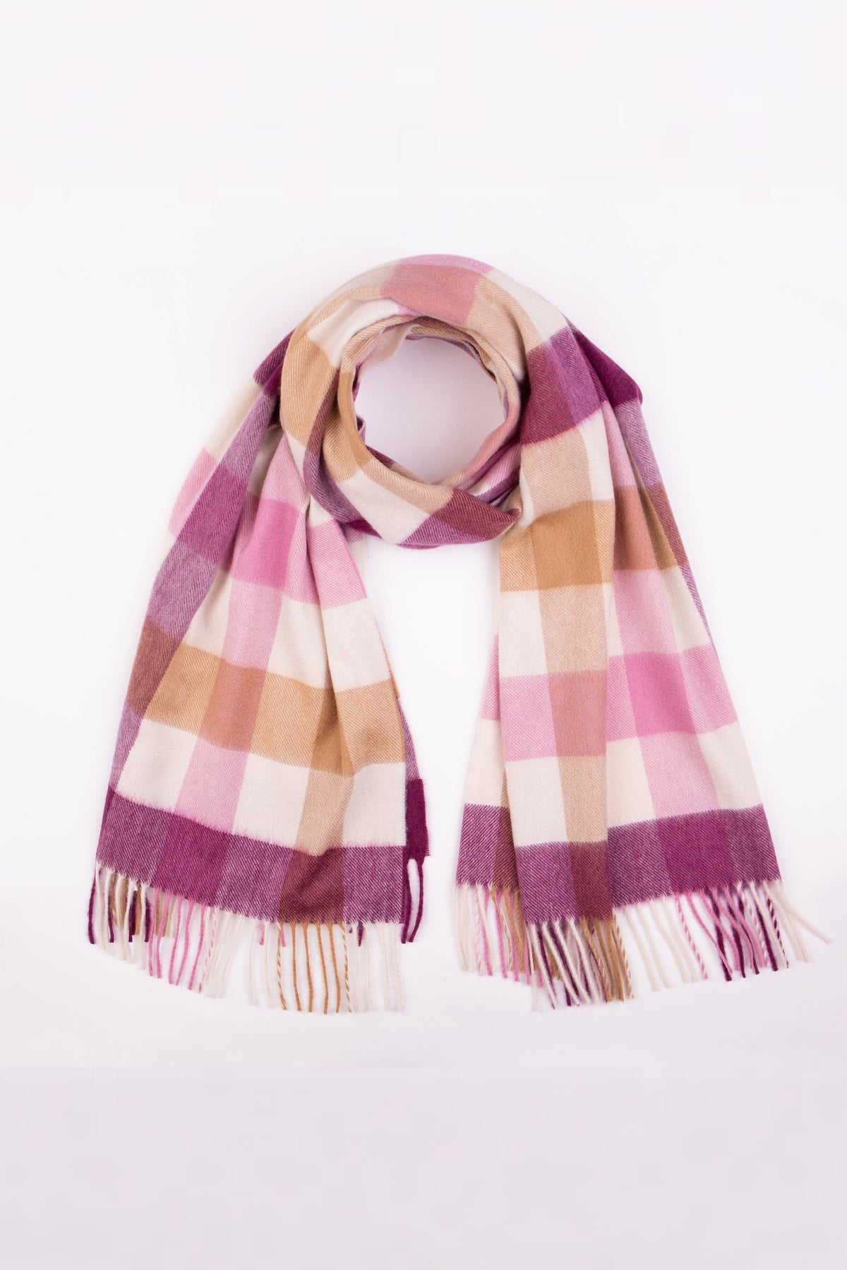 5 Square Check Lambswool Stole in Eminence draped in a loop showing the full pink, plum, and camel check pattern with fringed ends