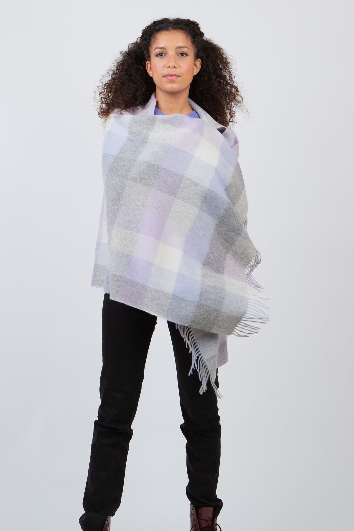5 Square Check Lambswool Stole in Lilac, soft pastel plaid in lilac, grey, and cream with fringed edges, worn as a wrap
