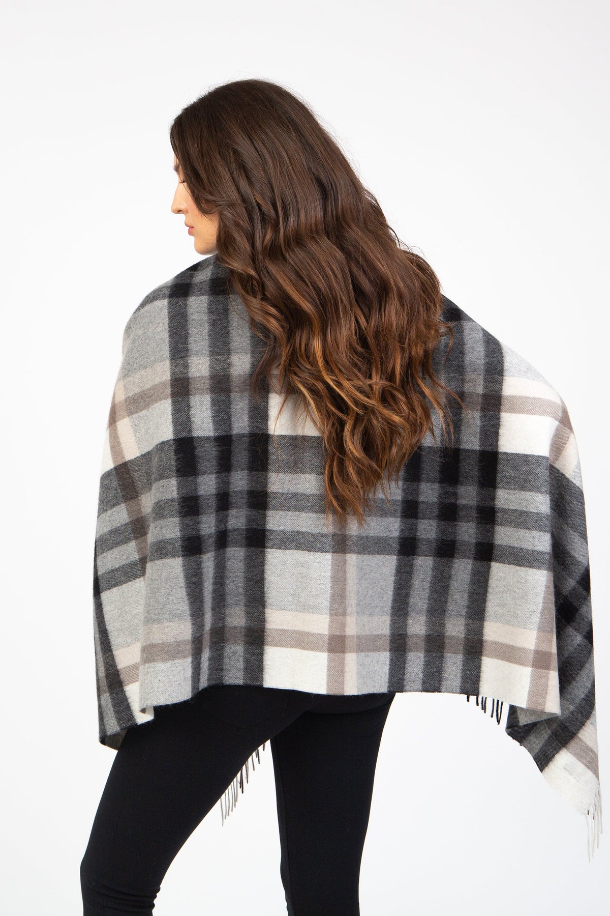 Back view of Tartan 2 Lambswool Stole in Black Grey, showing full plaid pattern drape and fringed edges