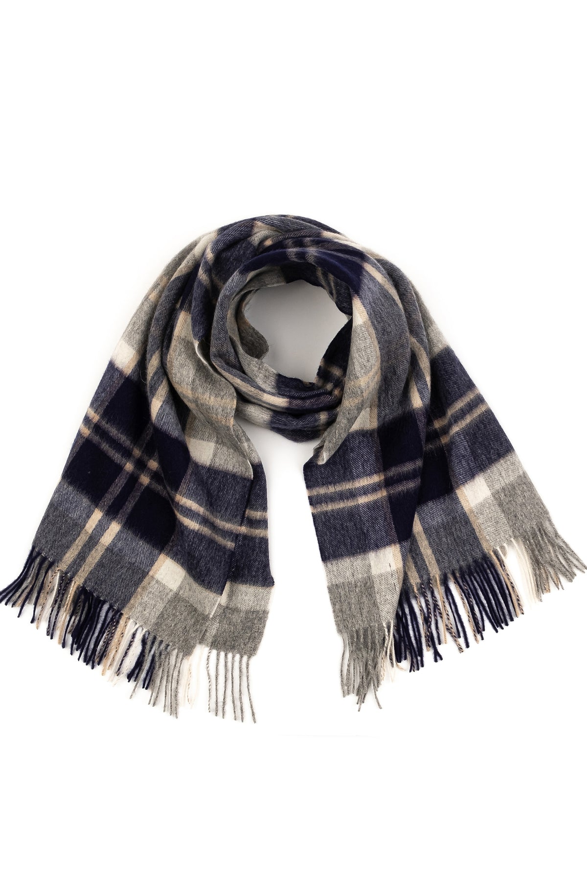 Heritage Tartan Lambswool Stole in Silver Bannockbane loosely looped showing navy, grey, and cream plaid pattern with fringed ends