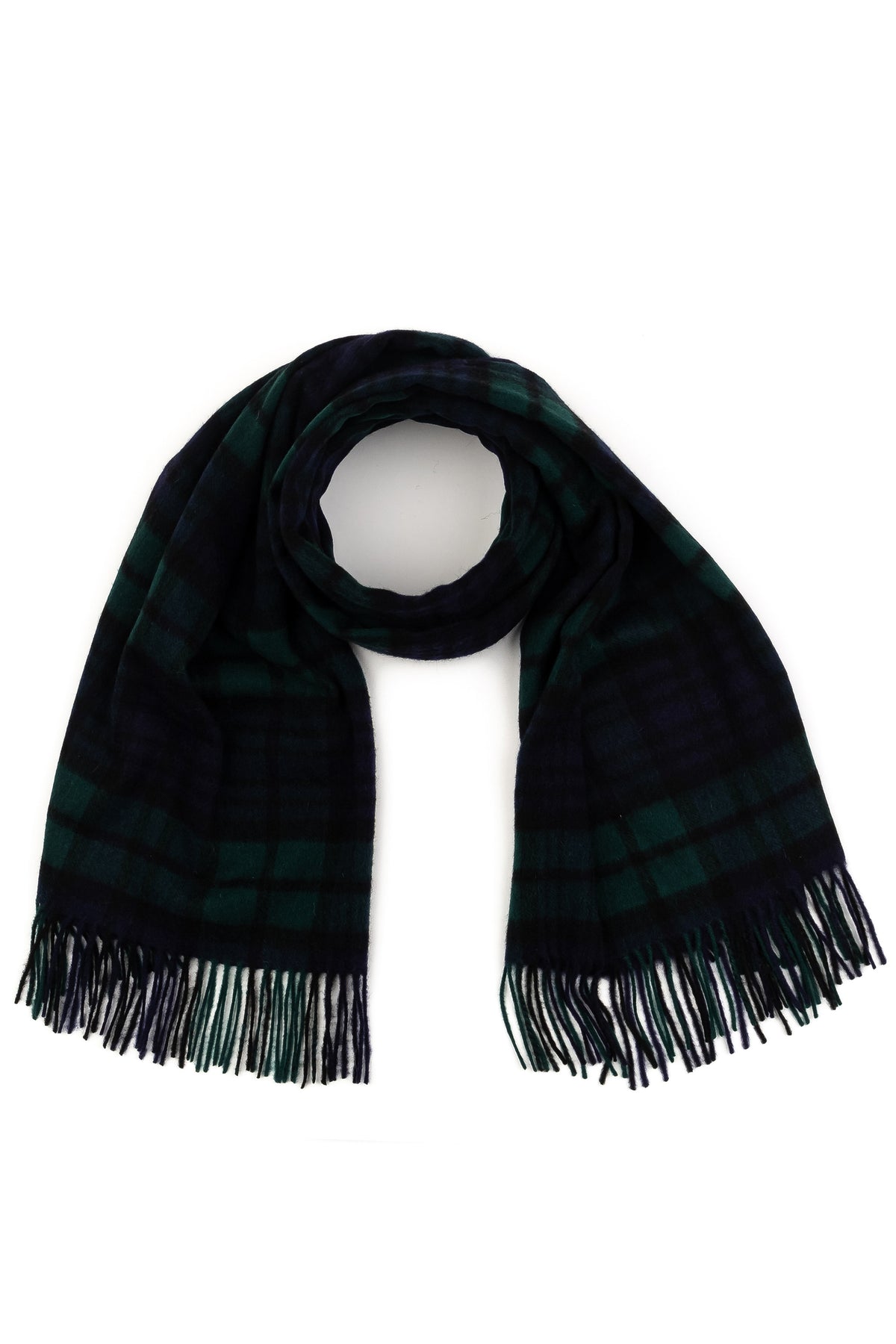 Heritage Tartan Lambswool Stole in Blackwatch draped and loosely coiled, showing green and navy plaid pattern with fringed ends