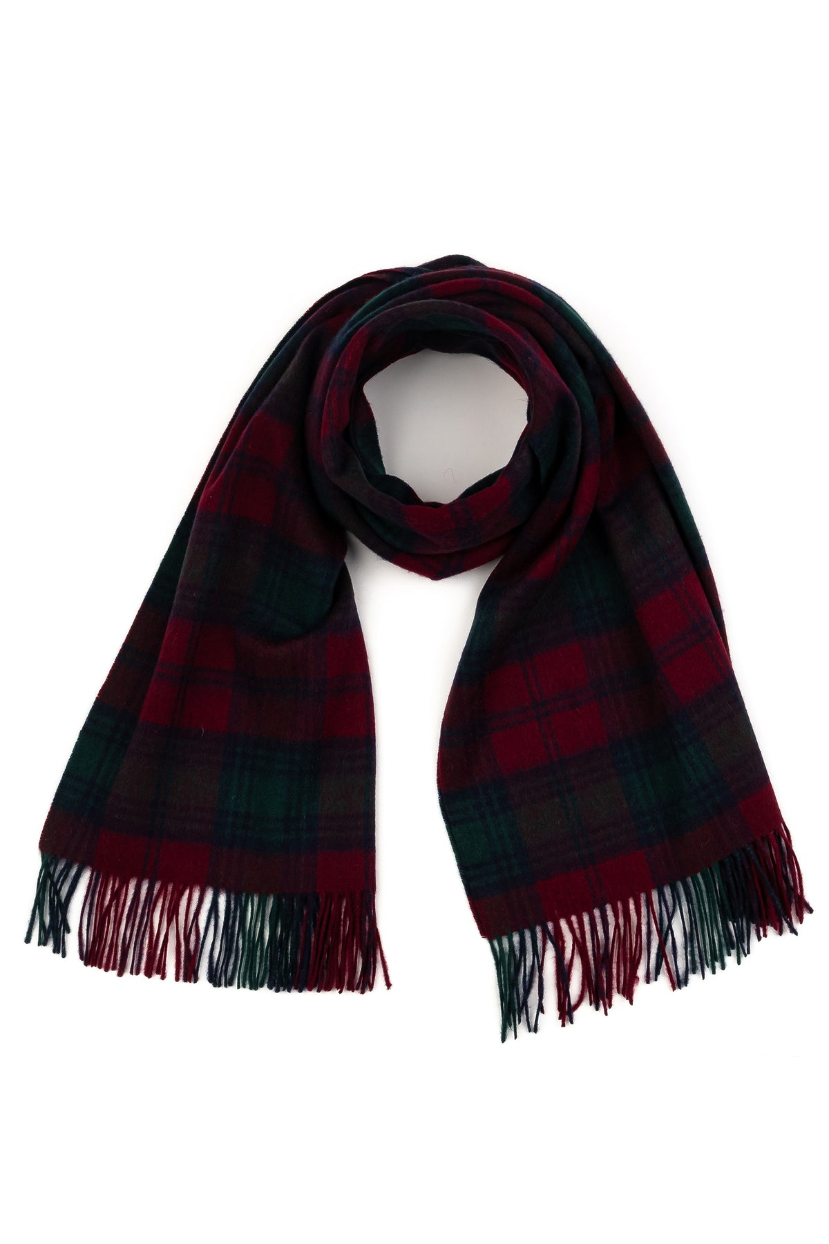 Heritage Tartan Lambswool Stole - Lindsay loosely looped showing full length with deep red and green plaid and fringed ends