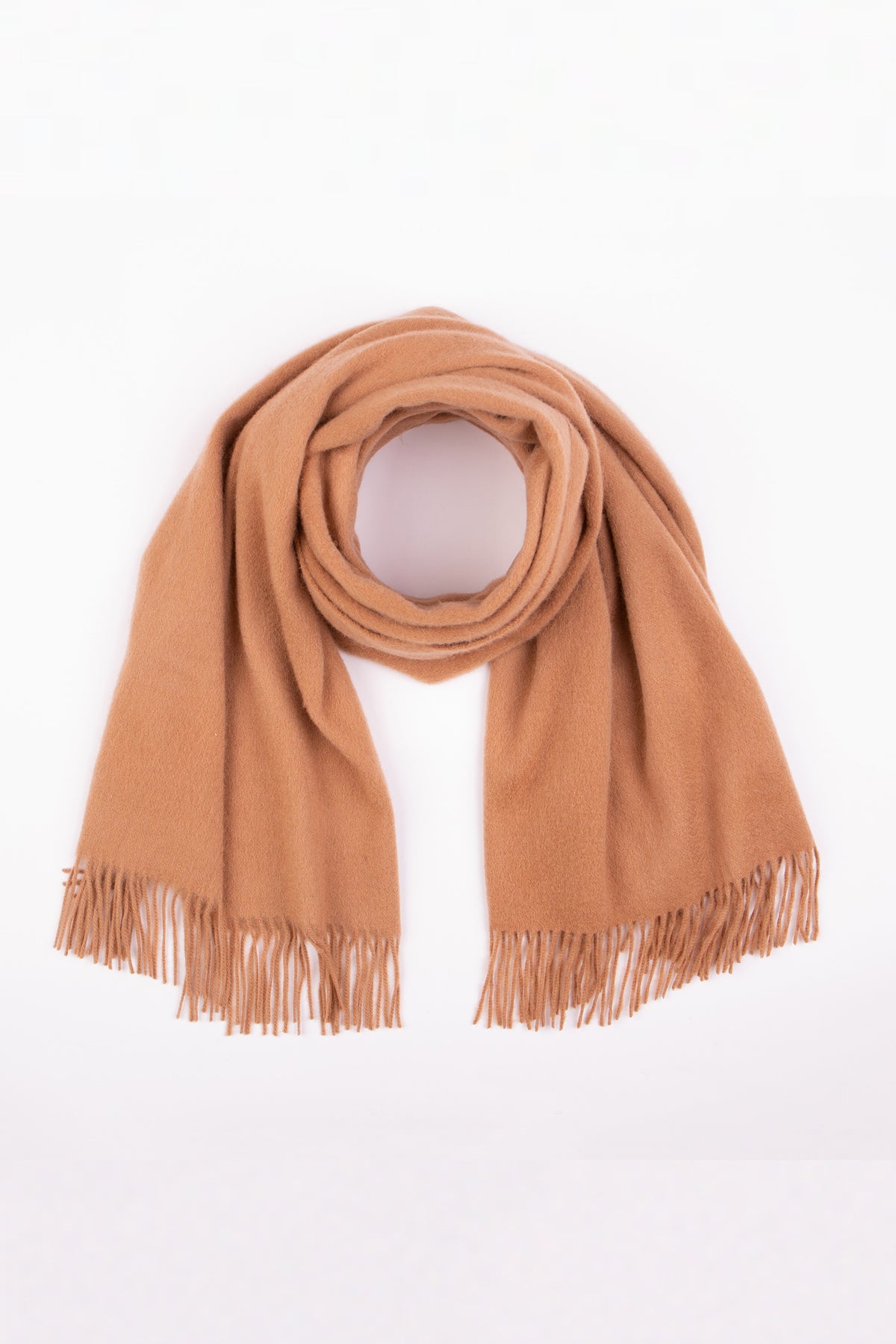 Solid Lambswool Stole in Dark Camel loosely rolled and draped to display fringed ends and soft brushed texture