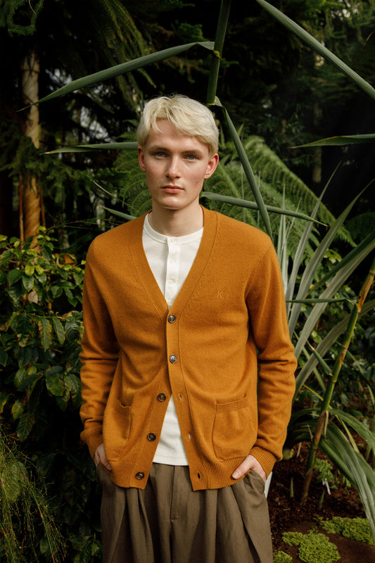 Unisex V Neck Pocket Cashmere Cardigan - Gingersnap