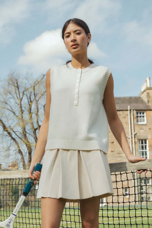 Crew Neck Button Cashmere Vest - Soft White