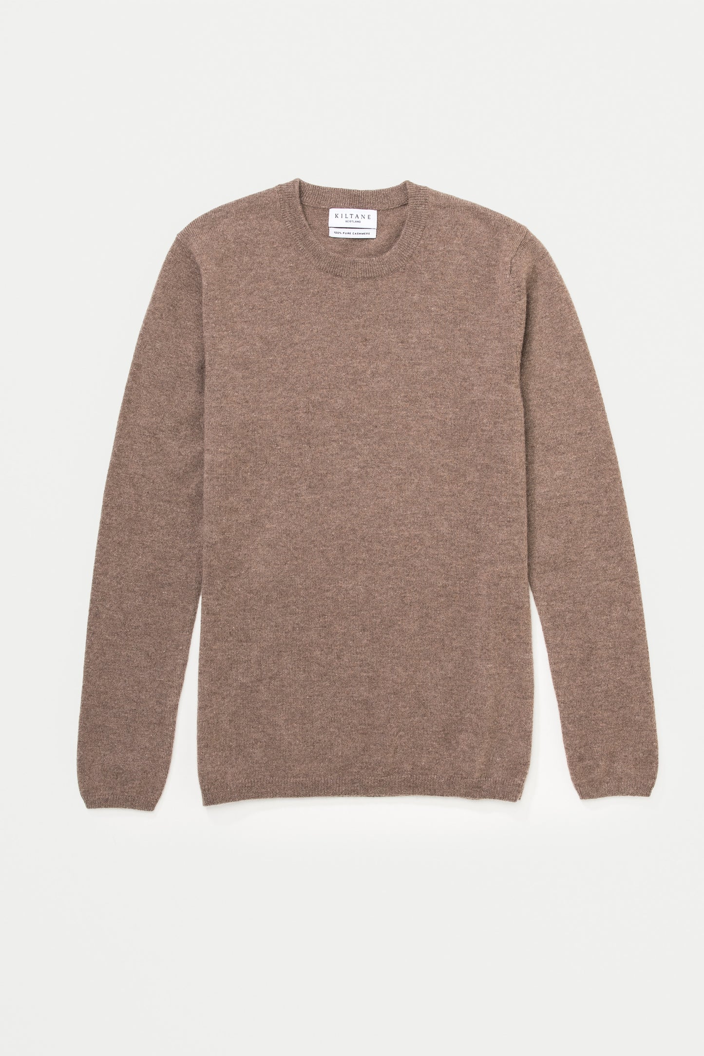 Kiltane Women's Cashmere Crew Neck Jumper in Squirrel laid flat, showing full front view with brand label at neckline
