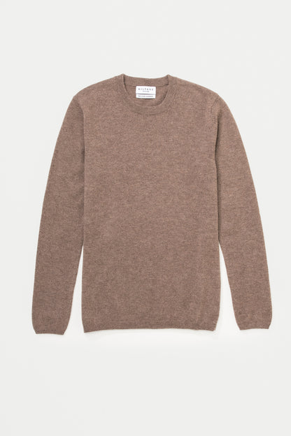 Kiltane Women's Cashmere Crew Neck Jumper in Squirrel laid flat, showing full front view with brand label at neckline