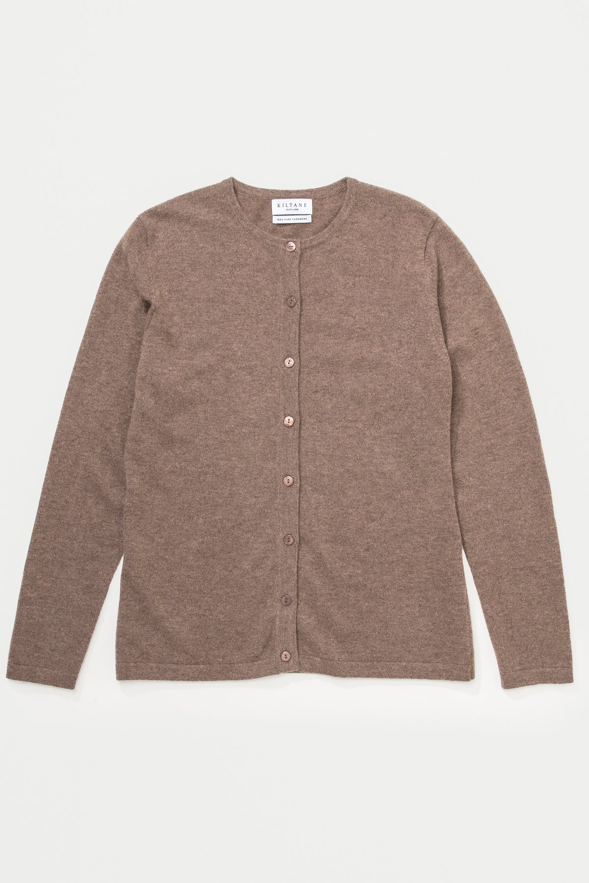 Kiltane Women's Cashmere High Button Cardigan in Squirrel laid flat, showing full front with button placket and crew neck