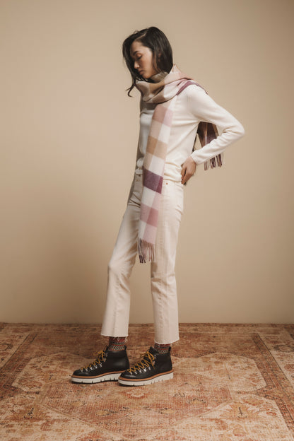 Made in Scotland 5 Square Check Cashmere Wide Scarf - Rhubarb Pink