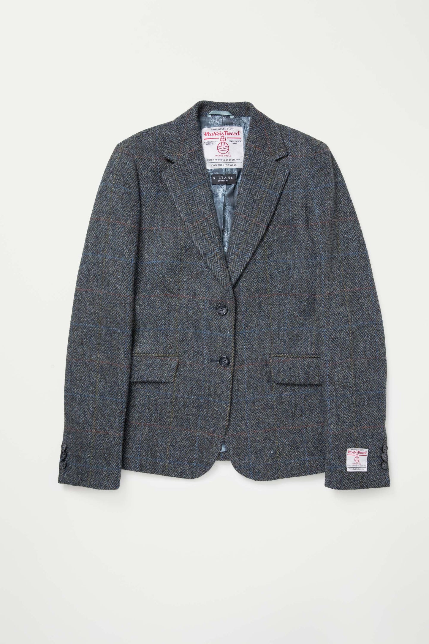 Women's Harris Tweed Claire Blazer in dark navy herringbone, front view open showing satin lining and certification label