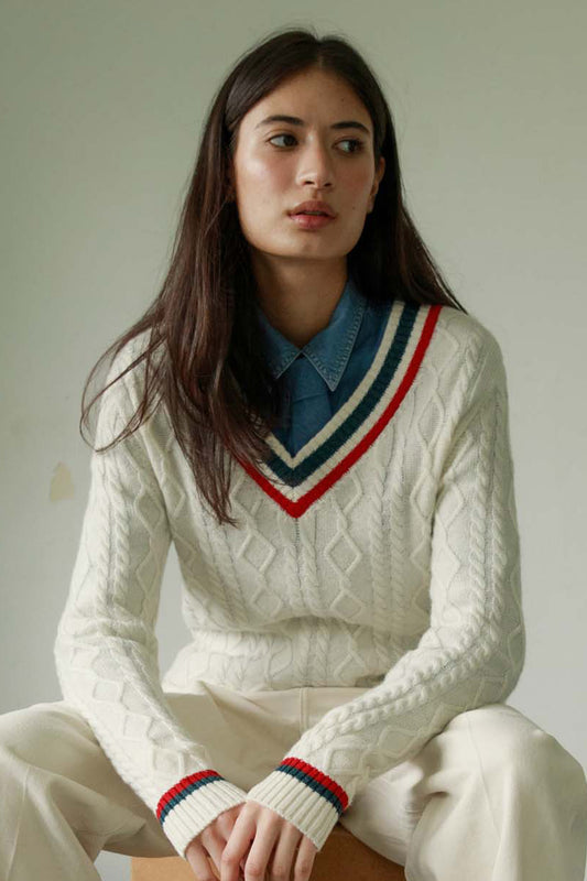 Women's Cashmere Cricket Style Jumper - Cream, Green & Red