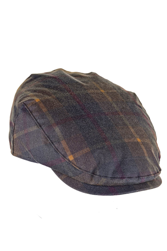 Charles Tartan Wax Flat Cap in Hunter, classic flat cap style in dark tartan waxed cotton with navy, brown, and orange plaid